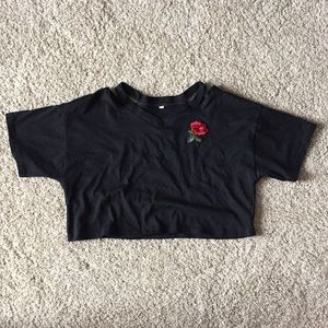 Black crop top with rose patch